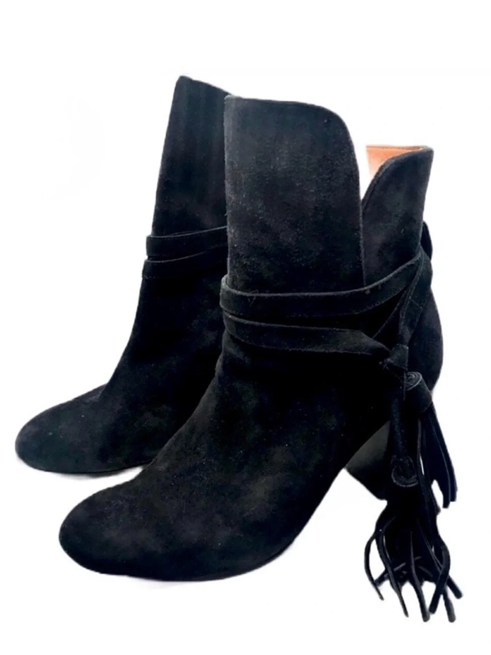 & OTHER STORIES BLACK SUEDE HEELED BOOTS WITH FRINGE TASSEL ANKLE DETAILS (6.5)